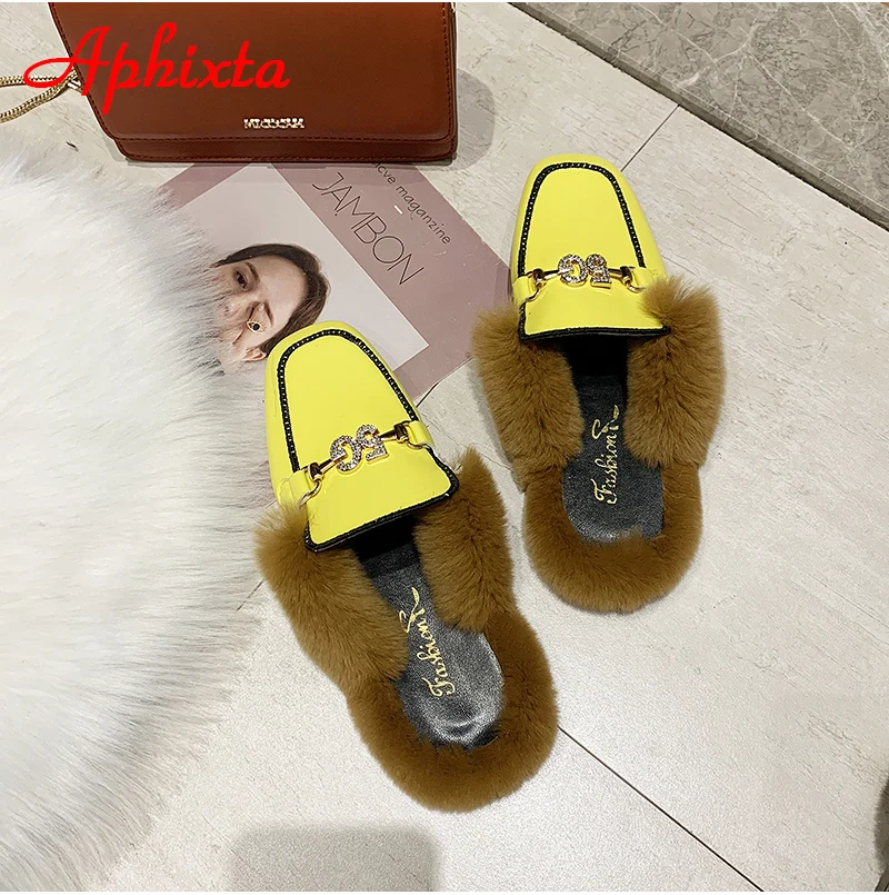 Aphixta/тапочки на Плоском Каблуке; женская обувь; Роскошные шлепанцы на меху со змеиным принтом и металлическими украшениями; женская теплая обувь; Mujer