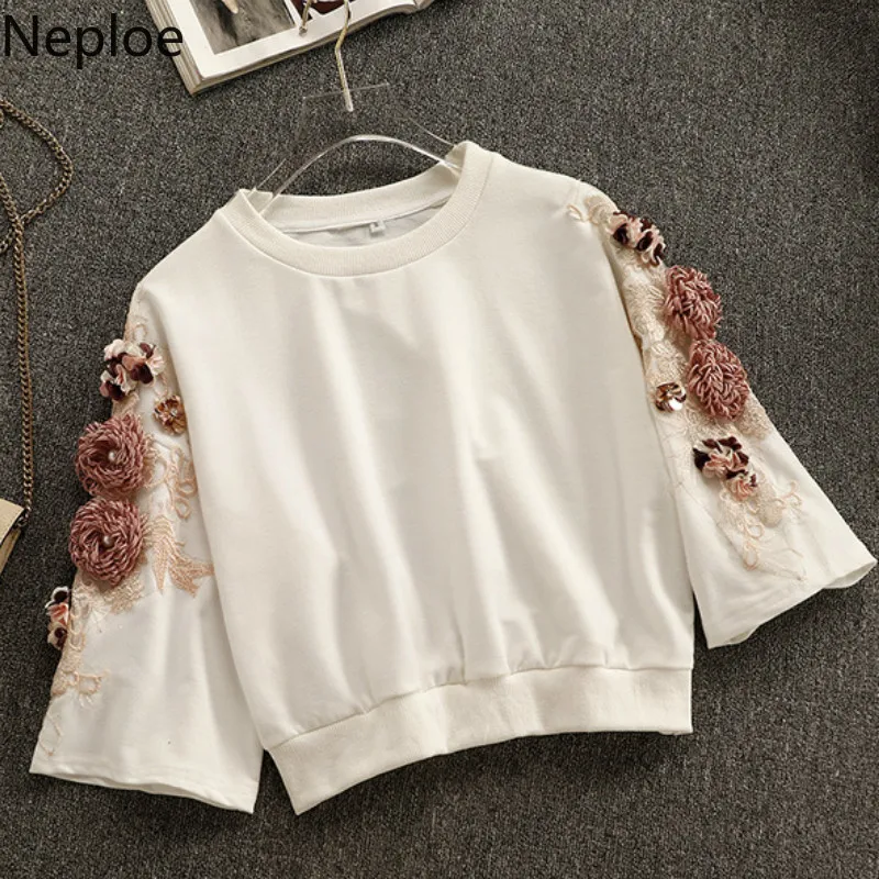 Neploe Chic Лето 2019 женская одежда Цветочная вышивка рукав три четверти футболки +