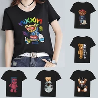 summer womens hip hop streetwear t shirt cartoon teddy bear print series personality harajuku all match o neck top camisetas