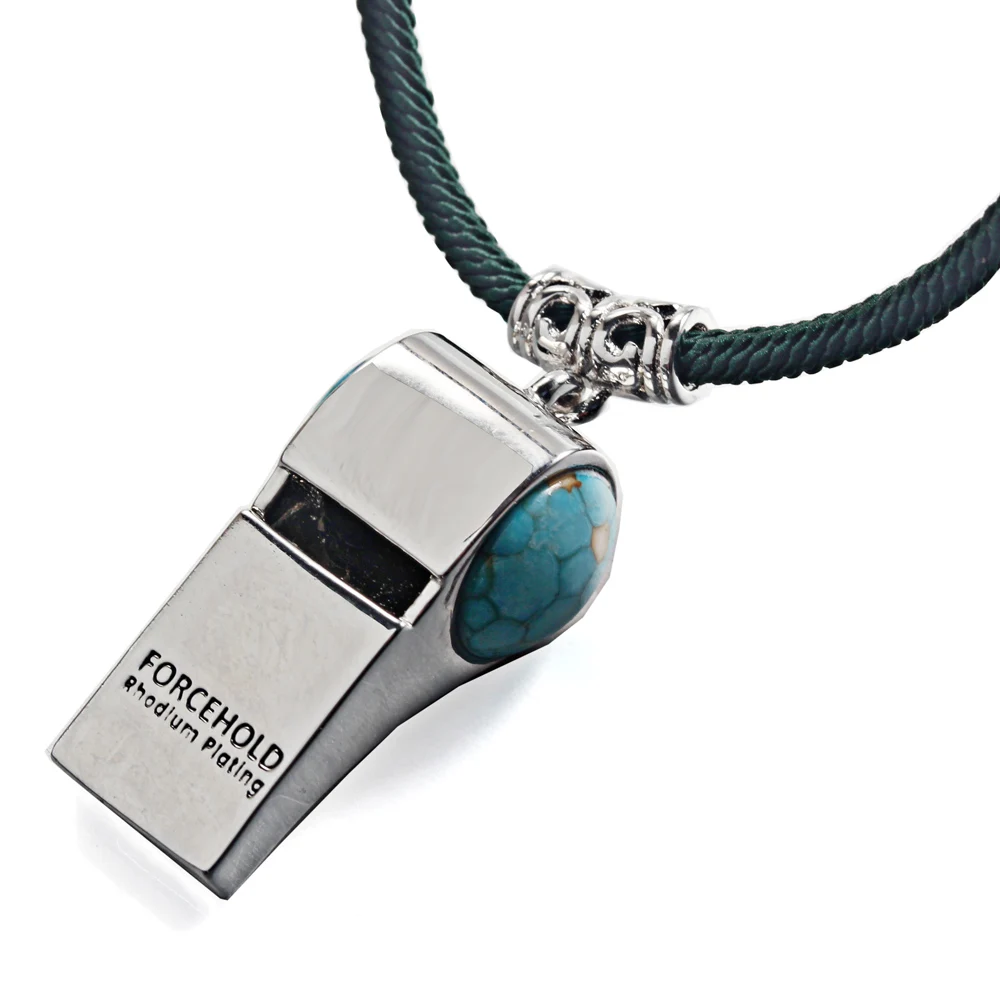 

Blue Dinosaur Stone Football Whistle Help Whistle Rhodium Plated Adjustable Length Dark Green Rope Necklace