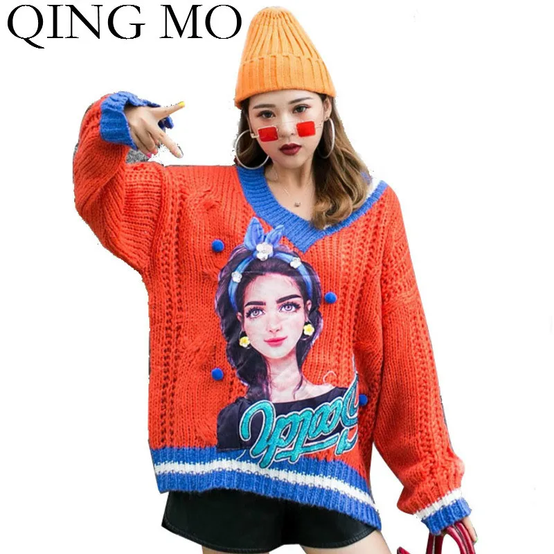 QING MO Fashion Brand Beauty Printed Women Sweater Red Patchwork Color Knitted Thin Chic ZQY1676 | Женская одежда