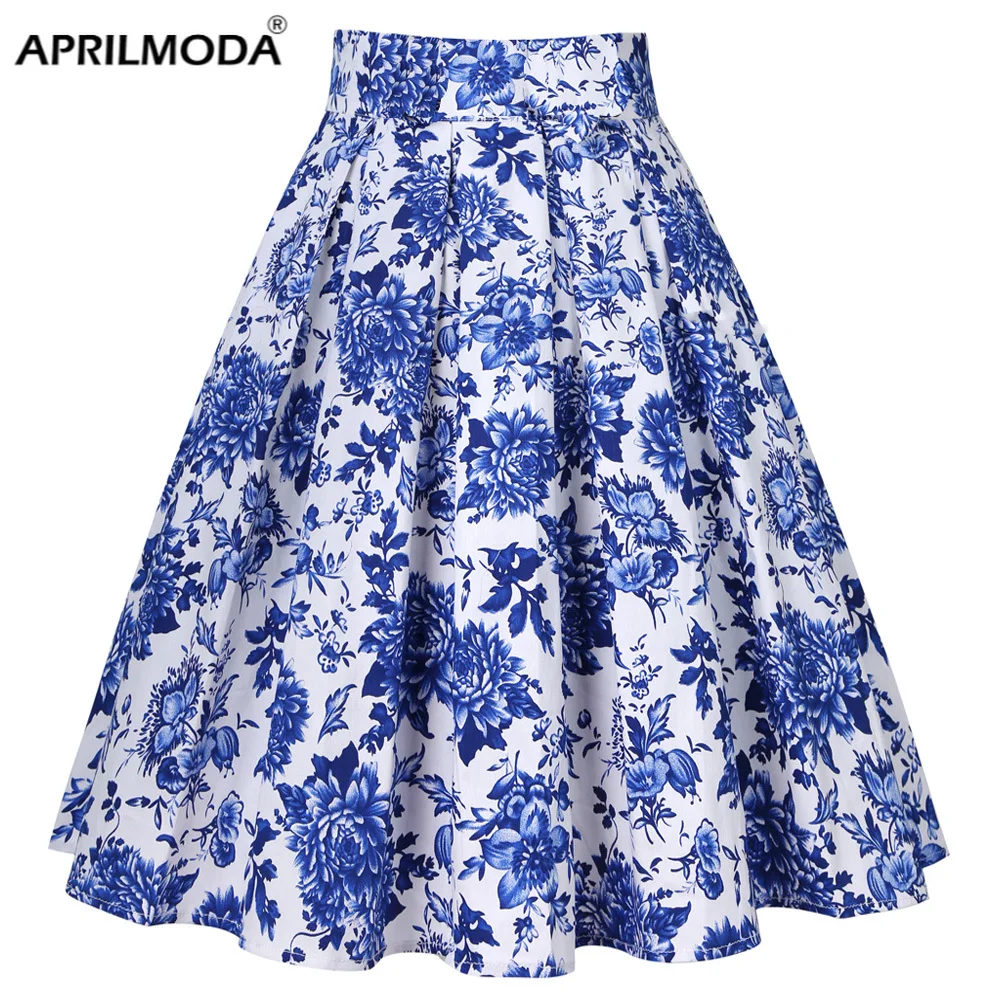 

White Blue Harajuku Floral Pleated Skirts Womens School Korean Plus Size Punk Y2K Cotton Vintage 50s 60s Vintage Party Skater