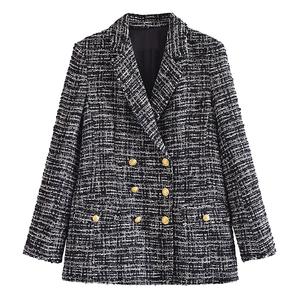 

Suit Blazer Women 2022 Long Sleeve Double Breasted Blazer Jacket With Flap Pockets Notched Lapel Office Elegant Tweed Blazers