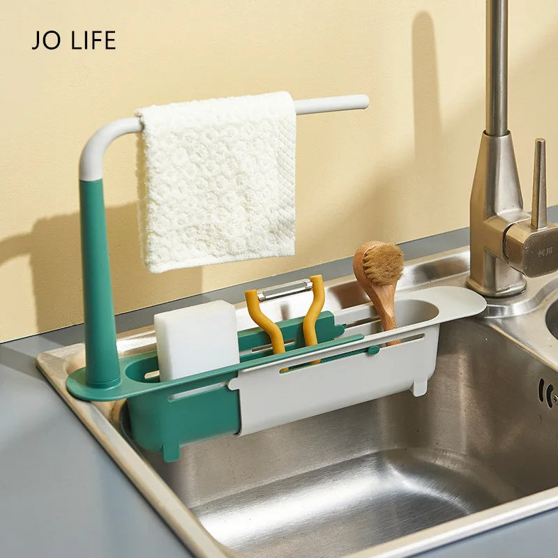 

JO LIFE Adjustable Sponge Storage Holder Telescopic Sink Shelf Drain Rack Basket Kitchen Accessories