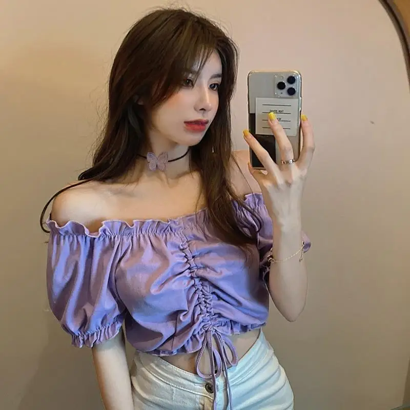 

Summer Sexy off Shoulder Crop Top Ruffles White Shirt Women Puff Sleeve Harajuku Tee Shirt Chiffon Blouse 2021 Fashion Lace up