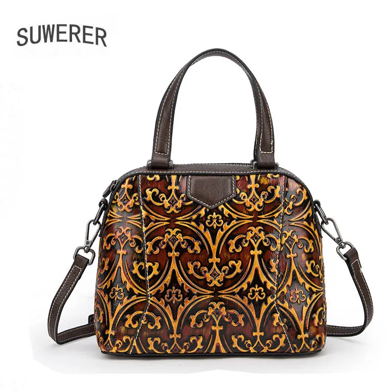 Женская сумка из натуральной воловьей кожи с тиснением в стиле ретро|Сумки