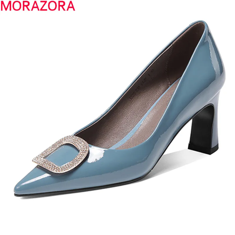 

MORAZORA 2021 Genuine Leather High Heels Shoes Summer Shallow High Heels Shoes Fashion Pointed Toe Party Dress Shoes