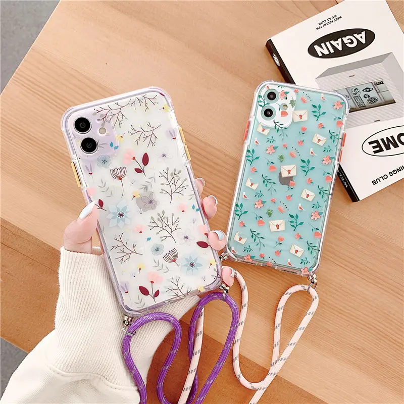 

Transparent Lanyard Flower Phone Case With Strap Rope Soft Back Cover