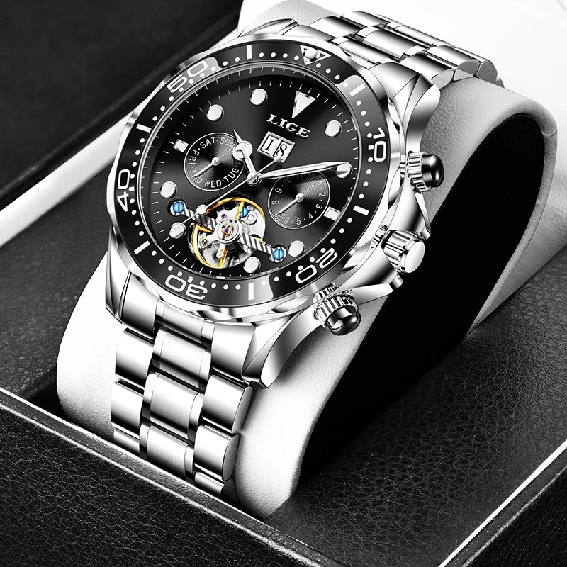 

LIGE Luxury Mens Watches Automatic Watch Male Waterproof Wrist Watch Stainless Steel Mechanical Relogio Automatico Masculino+Box