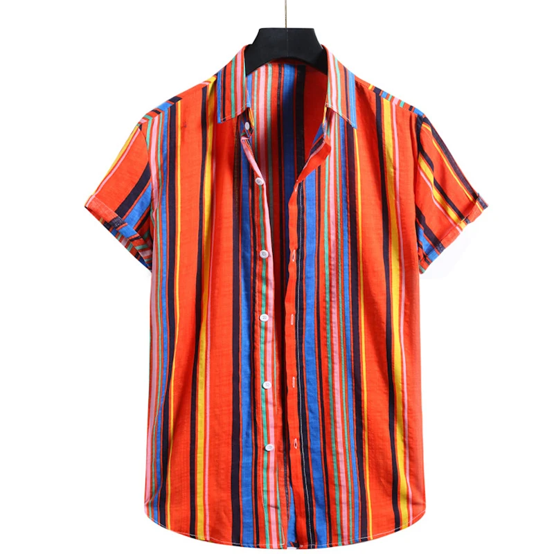 

Mens Shirt Striped Summer Short Sleeve Casual Print Mens Aloha Shirt Beach Holiday Hawaiian Camisas Oversized Chemise Homme
