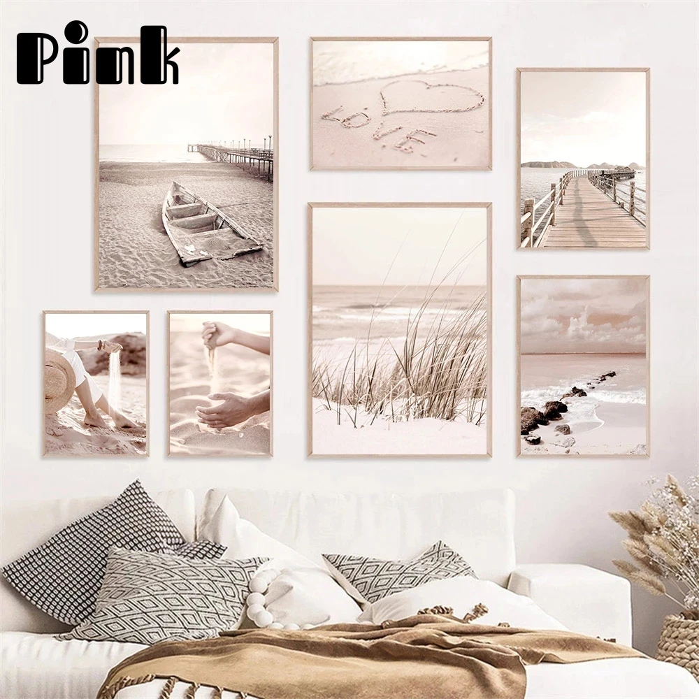 

Настенная картина с изображением пляжного моста, пейзажа, песчаная девушка, ручной постер на холсте, растения, трава, принт, настенные карти...