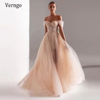 verngo elegant skin pink tulle prom dresses off the shoulder shining beads a line long evening gowns with short pant underneath