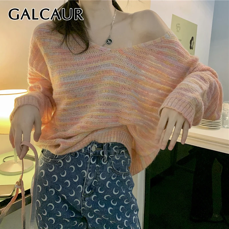 

Свободный Полосатый свитер GALCAUR с цветными блоками для женщин, Свободный вязаный пуловер с V-образным вырезом и длинным рукавом, женская оде...