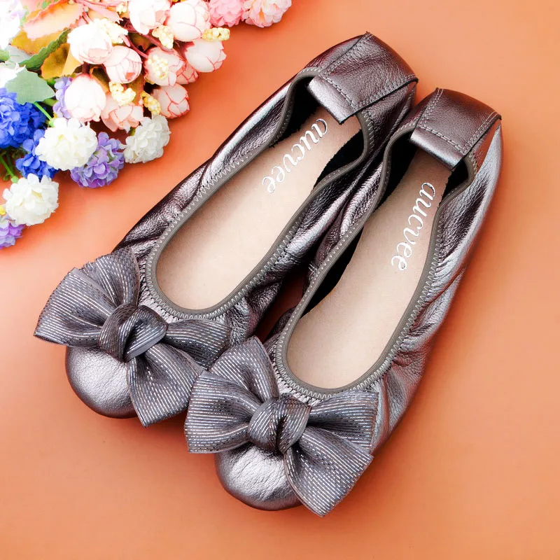 

AUCVEE Luxury Brands Women's Shoes Comfortable Round Toe Cow Leather Women's Flat Butterfly-knot Casual Shoes Ballet Flats 34-44
