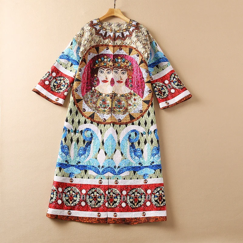 

European and American women's clothing winter 2022 new Three-quarter sleeve vintage print Nail bead Fashionable trench coat