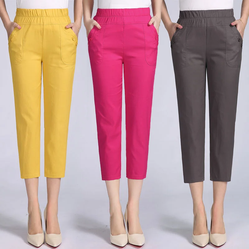 

5XL Plus Size Elastic Waist Summer Pants Women Middle-Aged Stretch Straight Cotton Pants Work Office Ladies Trousers Capri C7334