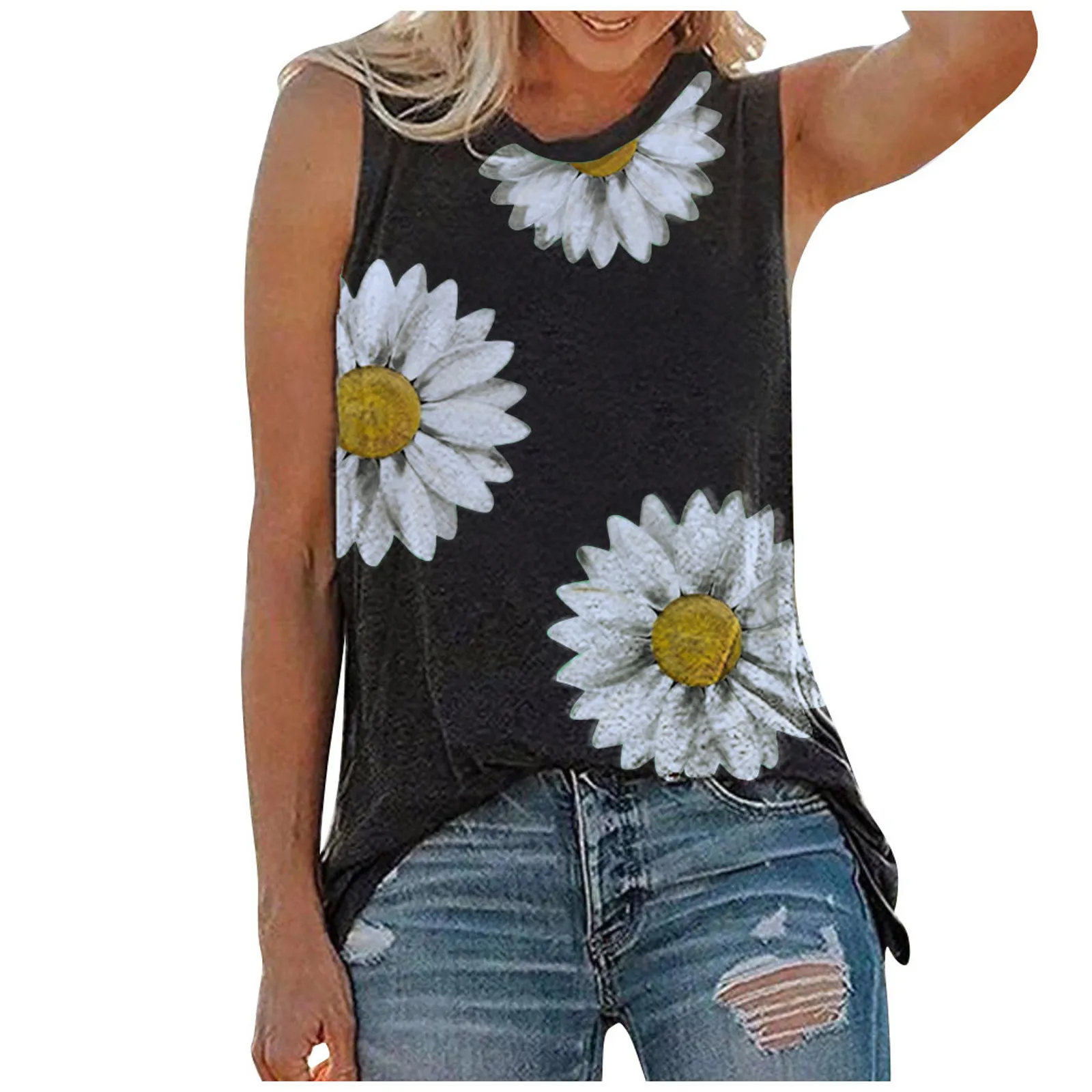 

Women Summer Tops O-neck Daisy Print Sleeveless Tank T-shirts Graphic Tank Tops Camisole Blusas Feminina Clothes Top Vests Camis