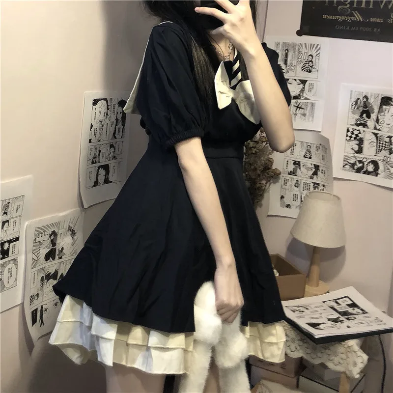 

KUSAHIKI Sweet Bowknot Women Dress Korean Sailor Collar Puff Short Sleeve Dresses Spring Summer Hit Color Vestidos Mujer 6F629