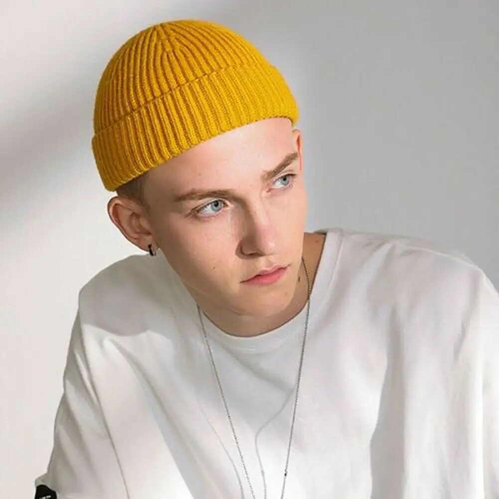 

New Men Women Winter Knitted Hat Beanie Skullcap Sailor Cap Cuff Brimless Retro Warm Hat Black Gray Pink Red Yellow