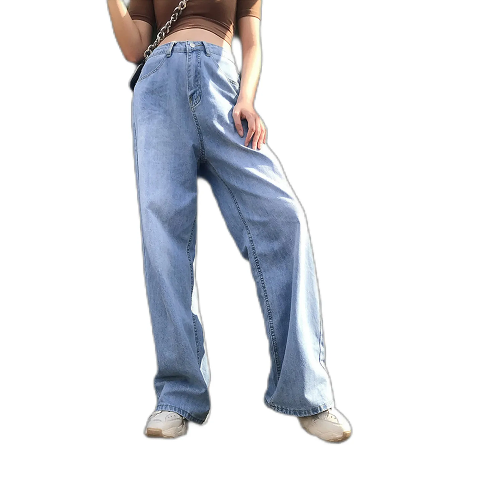 

Women Fashion High Waist Pocket Solid Casual Loose Wide Leg Pants Jeans New loose wide-leg pants jeans pantalones de mujer