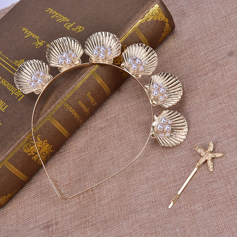 

Marine Style Golden Shell Tiara Crown With Comb Faux Pearl Beaded Wedding Bridal Hair Hoop Women Girl Vacation Styling Bobby Pin