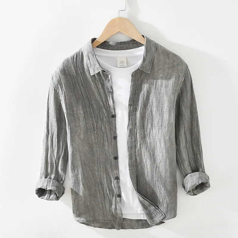 

Рубашка льняная Мужская, в стиле ретро, с длинными рукавами, со скрытыми пуговицами, квадратным воротником, 2021