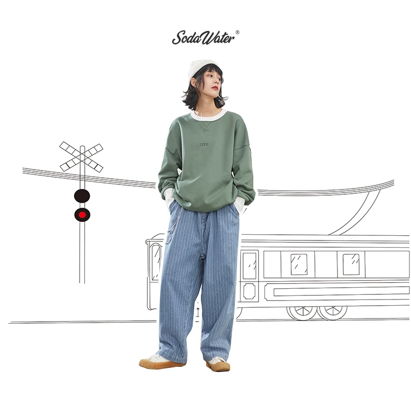 Sodaводяные мужские полосатые джинсы 2019 AW уличная свободные прямые джинсовые