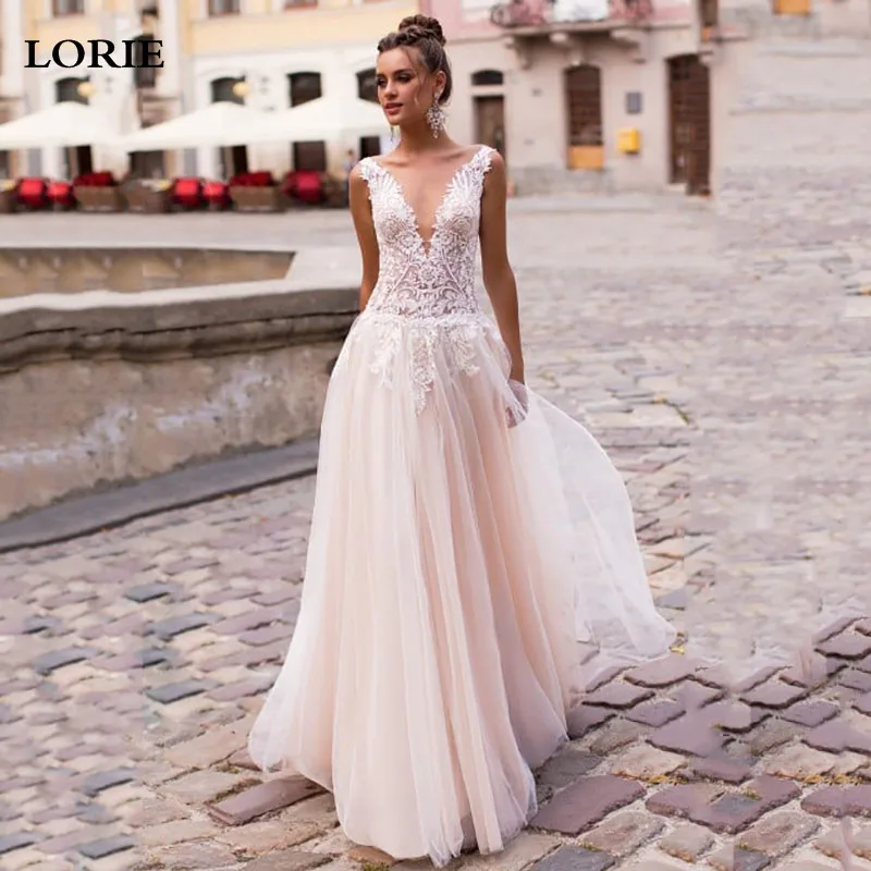 

LORIE Champagne A Line Wedding Dress Lace AppliqueTulle Bride Gowns Floor Length Vestido De Novia Country Wedding Gowns