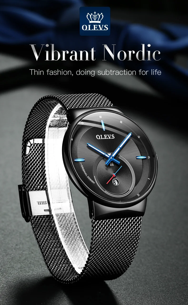 NEW OLEVS Watch Men Luxury Quartz Date Blue Dial Thin Top Brand Watches Sports Chronograph Mesh Belt Wrist Watch Man Clock