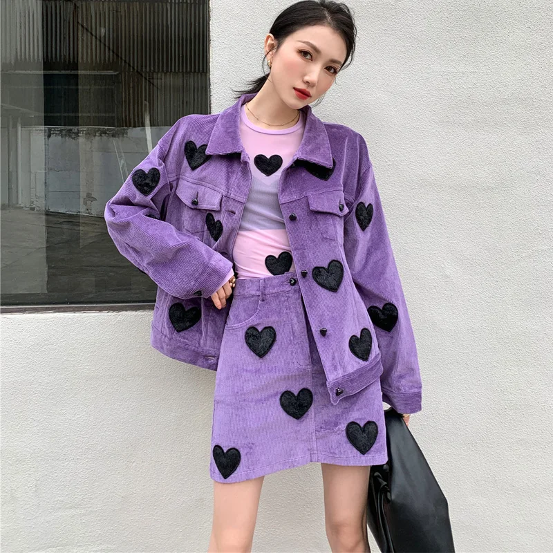 

Зимний новый милый вельветовый комплект из двух предметов женский короткий пиджак с надписью Love + юбка-трапеция корейский модный фиолетовы...