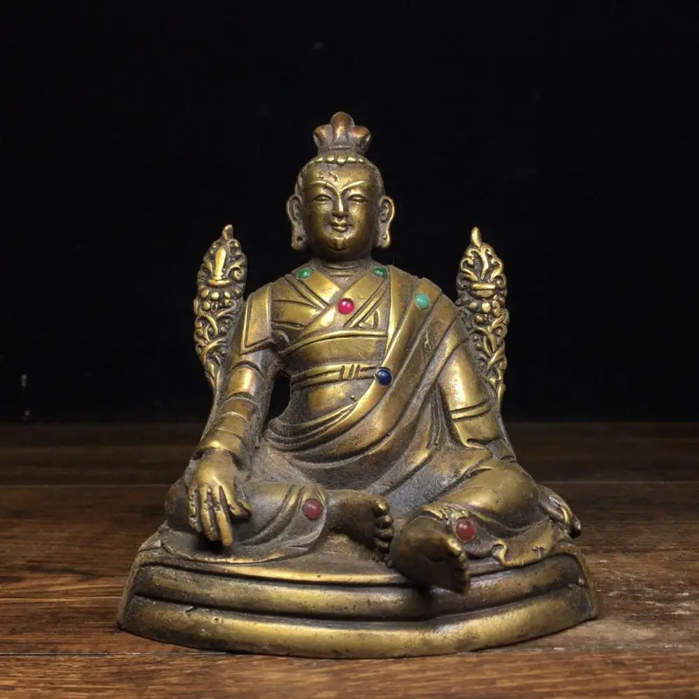 

Wedding Decoration 4" Chinese Folk Collection Japanese Buddha Statue Bronze inlaid gemstone statue Sakyamuni Statue