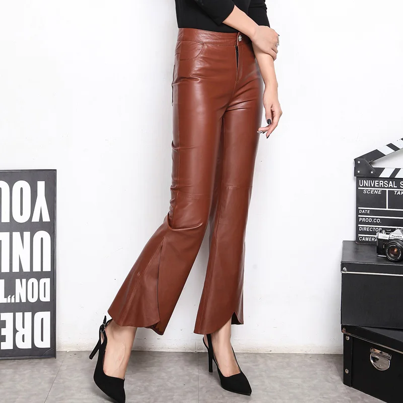 

2020 New Flare Pants Womens England Style Long Pants Genuine Leather Ladies Slim Fashion Pants Plus Size M-XXXL Black Army Green