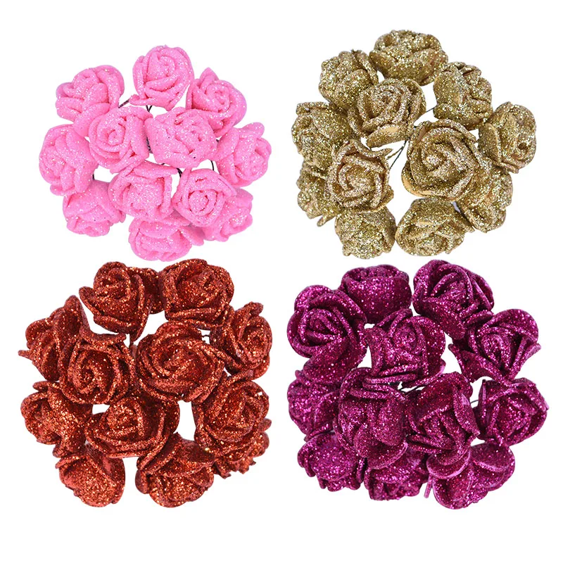 

24/72/144pcs 2cm High Quality Gold Pink Shiny Glitter Foam Rose Artificial Flower Bouquet Xmas Wedding Home Party Decor Supplies