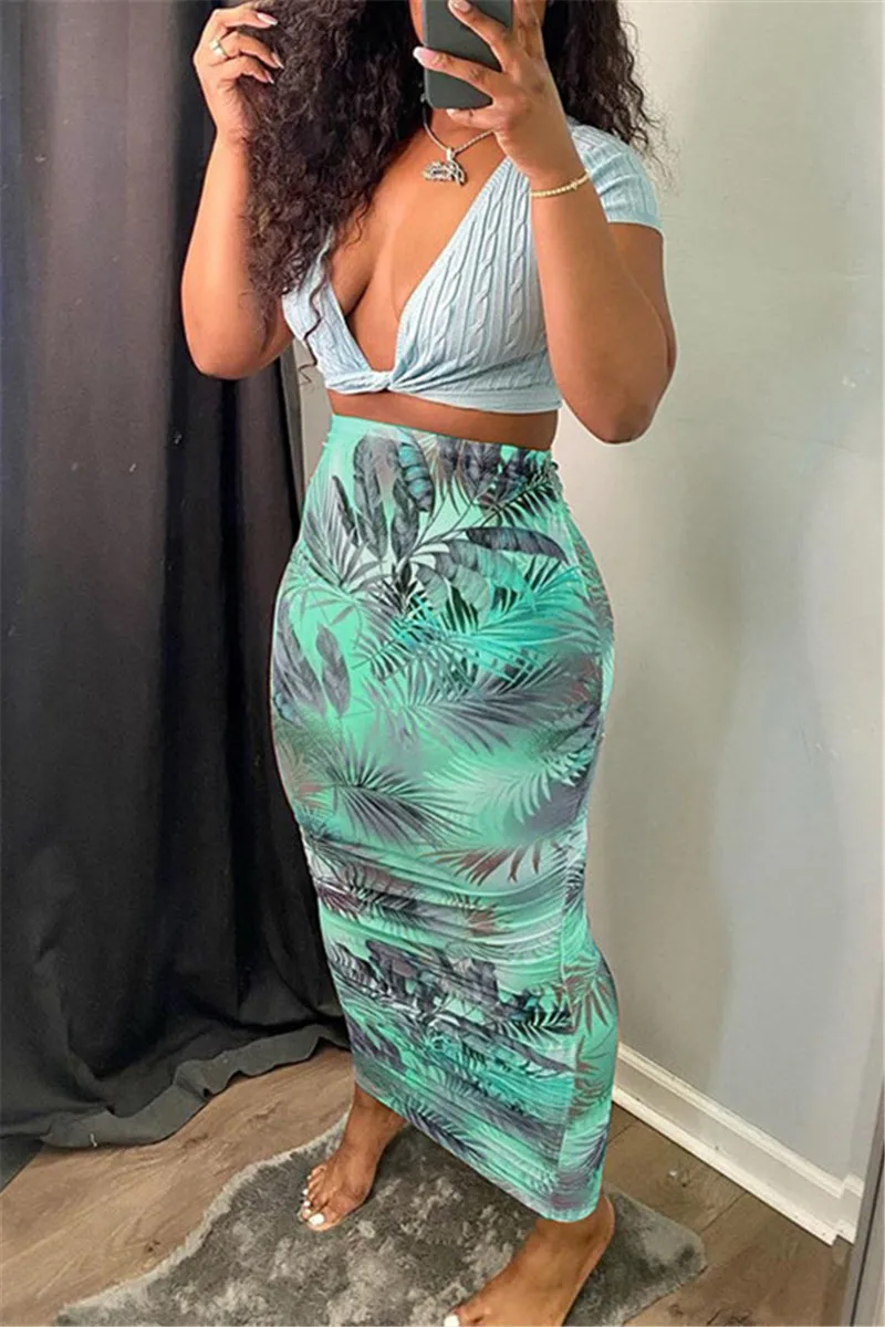 

Женская юбка с высокой талией Midiskirt Y2K, модная облегающая юбка в гавайском стиле с принтом листьев, пляжные юбки для лета и осени