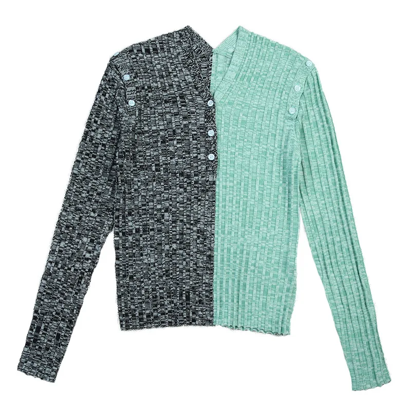 

Autumn Sexy asymmetrical strapless creative V-neck left and right color matching long-sleeved women's sweater cardigan