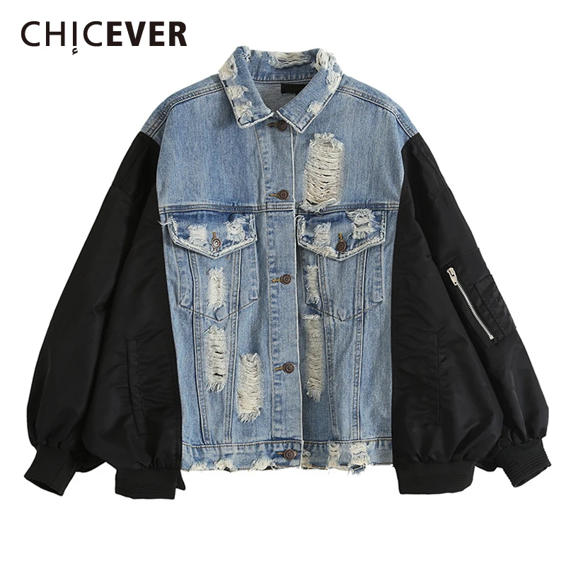 

Женская джинсовая куртка CHICEVER, винтажная потертая куртка с отложным воротником и длинными рукавами «летучая мышь», на молнии, с карманами, ...