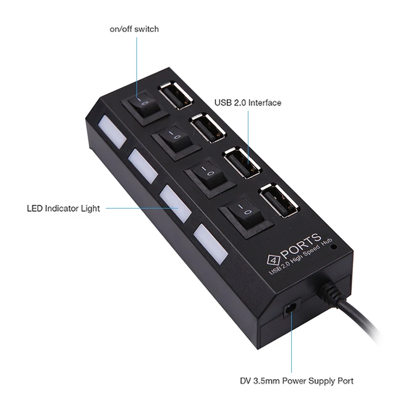kebidu 4 Ports usb hub LED USB High Speed 480 Mbps Adapter Hub Splitter With Power on off Switch For PC Laptop Computer | Компьютеры и