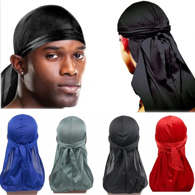 

Satin Men Stretchy Cap Hip Hop Du Doo Rag Durag Wigs Turban Bandana Headwear Solid Color long Hat Tie Down tail Hair Accessories