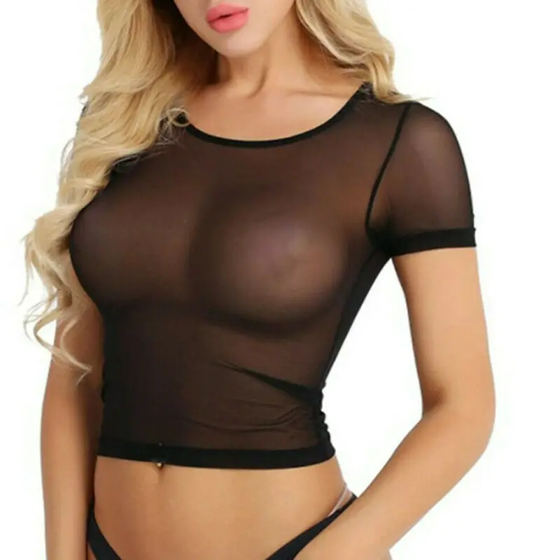 Free Shipping Women Blouse Sexy See-Through Mesh Sheer Short Sleeve Crop Tops Slim Shirt Blouse Transparent Tops crop top women