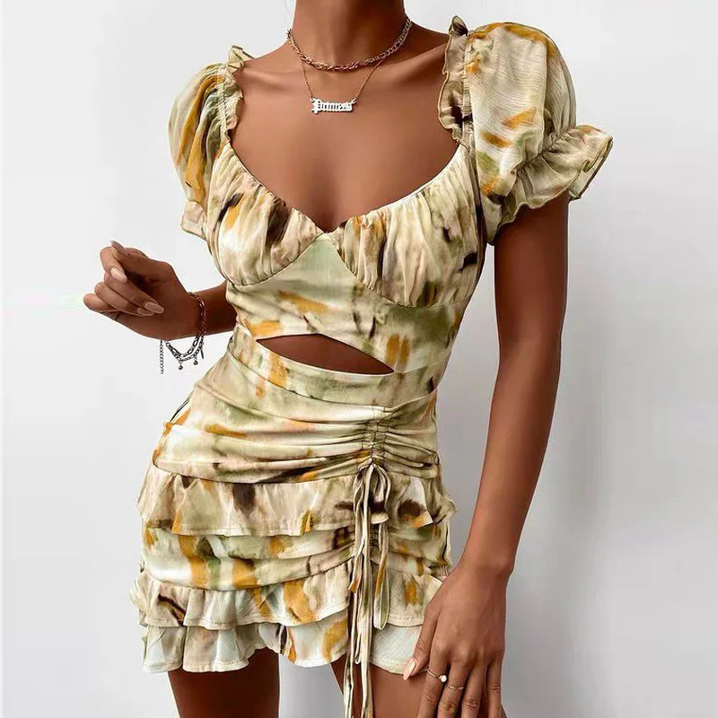 

Women Elegant Dresses Cottagecore Fashion Print Tie Dye Print Cut Out Drawstring Dress Sexy Summer Vacation Beach Dress 2021 New