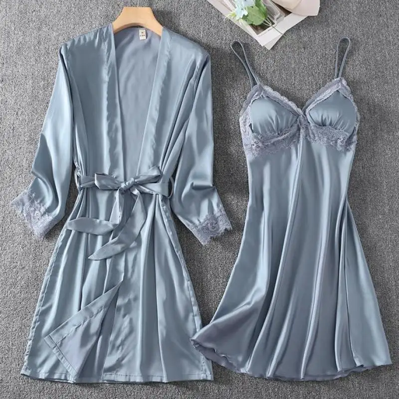 

Twinset Robe Suit Satin Women Sexy 2PCS Sleepwear Nightgown Lace Patchwork Kimono Bathrobe Gown Nightdress Intimate Lingerie
