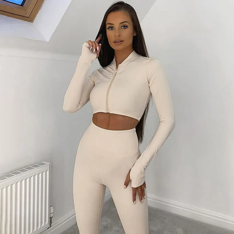 

2021 Autumn Winter Women 2 Two Piece Set Long Sleeve Crop Tops Tshirt Leggings Pants Set Bodycon Sport Fitness Tracksuit