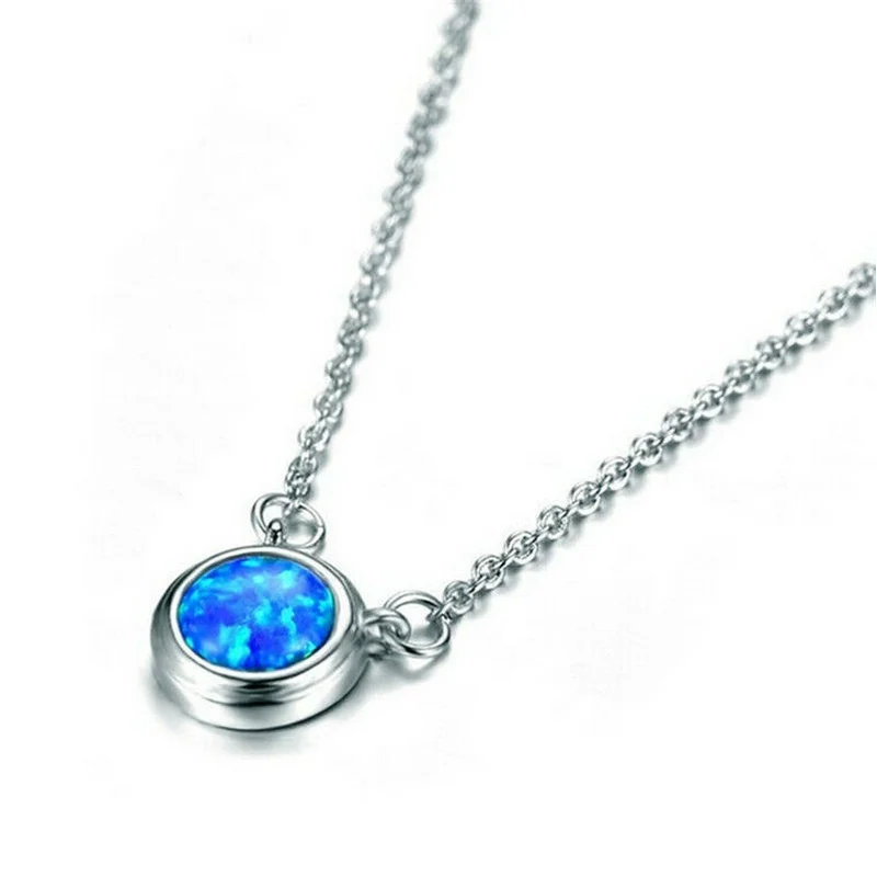 

Fashion Silver Simulated Opal Blue Pendant Necklace Valentine'S Day Gift Jewelry