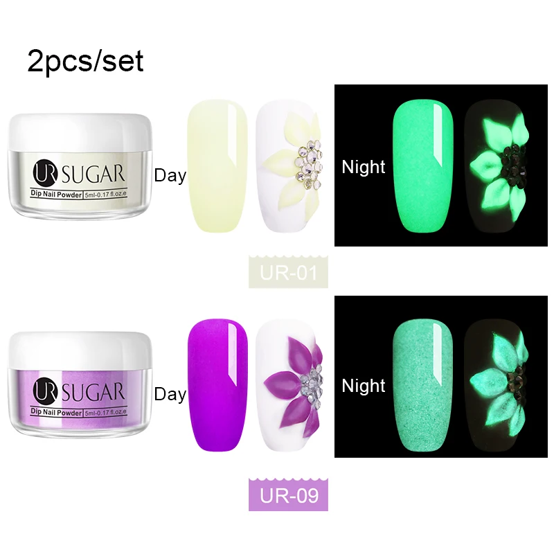2pcs powder1 UR SUGAR светящаяся неоновая жидкость для ногтей Dip Акриловая жидкость художественные украшения флуоресцентный погружающийся блеск светящийся в темноте пигмент пыль - Цвет: 2pcs powder1
