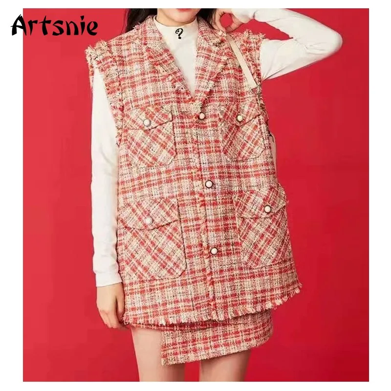 

Artsnie winter 2020 sweet two piece set women vintage pockets tassel vest jackets high waist split button short skirts tracksuit
