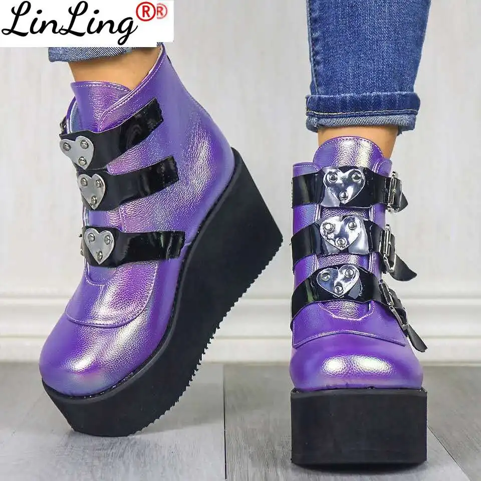 

2021 Metal Buckle Ankel Boots for Women Black White Punk Female Platform Boots Wedges High Heels Botas Boots Women Shoes