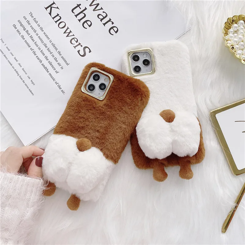 

Cute Warm Fuzzy Dog Butt Phone Case For iphone 12 11 Pro Max 7 8 plus X XR XS Max Cover For iphone SE 2020 Capa Fluff Soft Funda