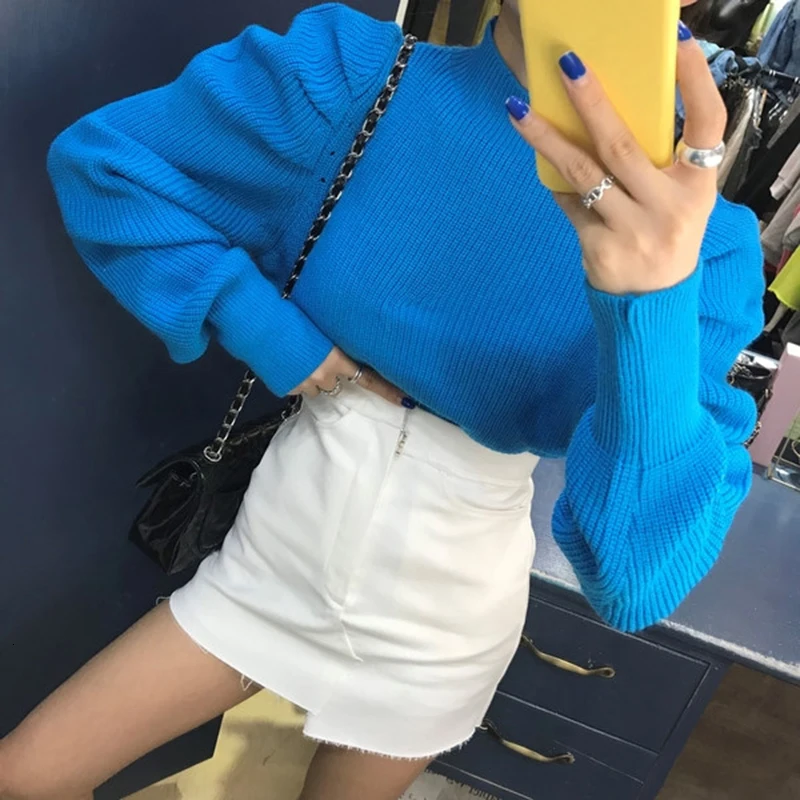 Винтажные минималистичные женские свитера с круглым вырезом и пышным длинным