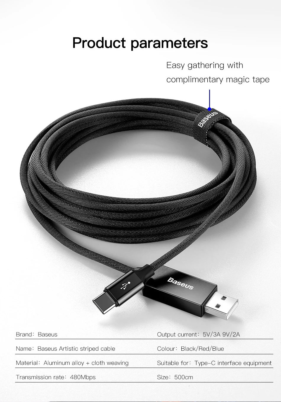 Baseus Тип usb C кабель для samsung Note 8 S8 S9 плюс быстрый заряд 3,0 Тип C кабель для Xiaomi Mi 8 9 USB-C кабели для мобильных телефонов