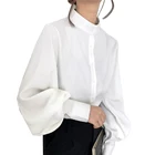 Женская однобортная блузка, с большими рукавами-фонариками и воротником-стойкой, весна-осень